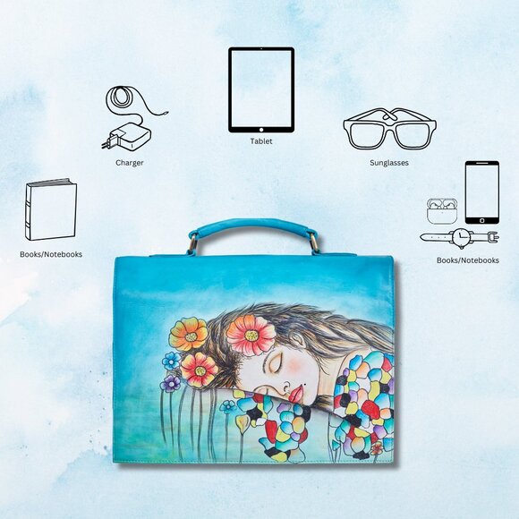 Hand-Painted Women Blue Business Shoulder Bag –Leather Top Handle Crossbody Bag - Picture 3 of 9